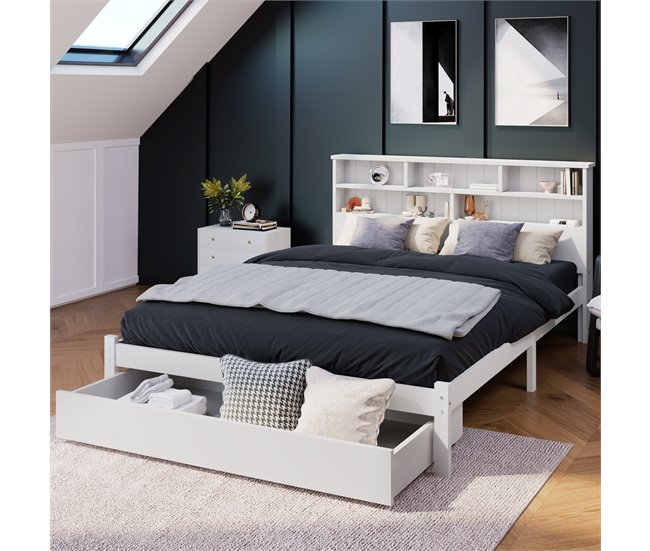 Conforama Cama Juvenile Cama Doble De Madera Maciza 140x200cm Con 1 Cajón Y Estantería Blanco