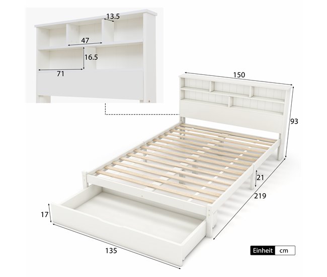 Conforama Cama Juvenile Cama Doble De Madera Maciza 140x200cm Con 1 Cajón Y Estantería Blanco
