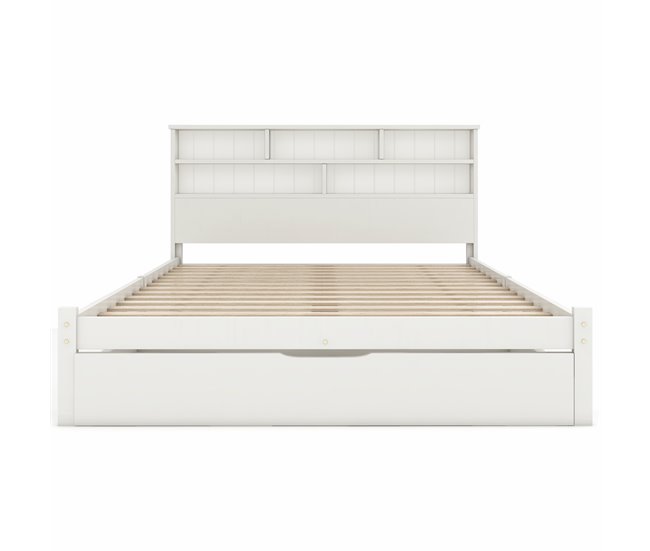 Conforama Cama Juvenile Cama Doble De Madera Maciza 140x200cm Con 1 Cajón Y Estantería Blanco
