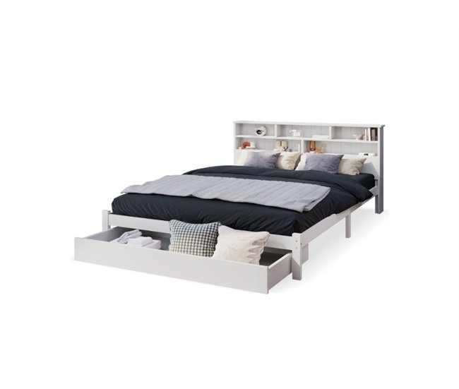 Conforama Cama juvenile cama doble de madera maciza 140x200cm con 1 cajón y estantería blanco