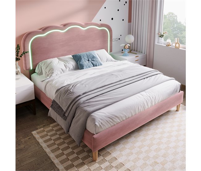 Conforama Cama Juvenile Cama Doble De Terciopelo 140x200cm Con Luz LED Y Cabecera De Altura Ajustable Rosa