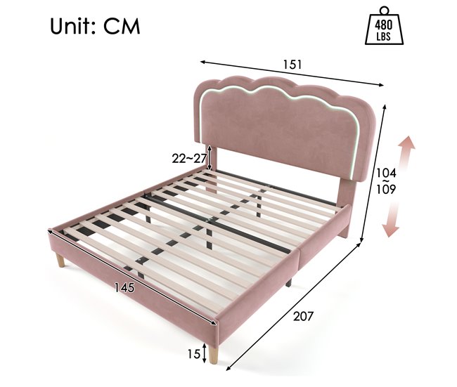 Conforama Cama Juvenile Cama Doble De Terciopelo 140x200cm Con Luz LED Y Cabecera De Altura Ajustable Rosa