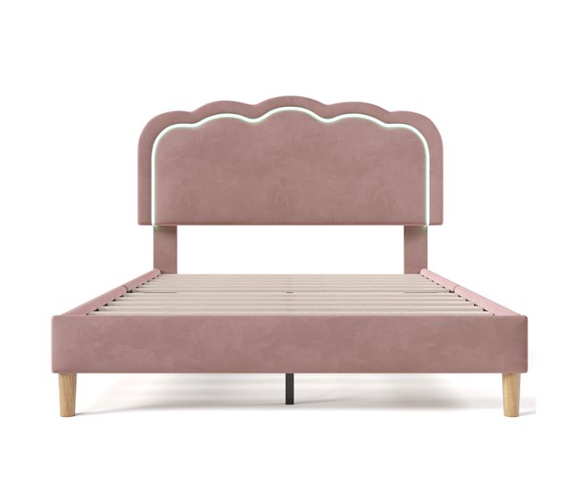 Conforama Cama Juvenile Cama Doble De Terciopelo 140x200cm Con Luz LED Y Cabecera De Altura Ajustable Rosa