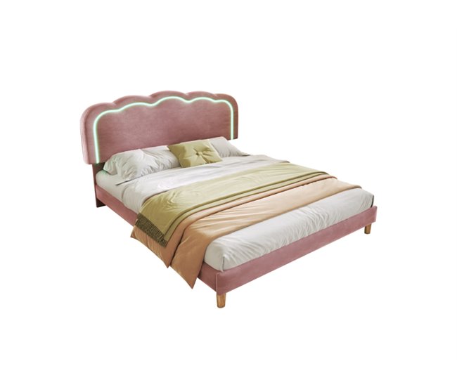 Conforama Cama juvenile cama doble de terciopelo 140x200cm con luz LED y cabecera de altura ajustable rosa