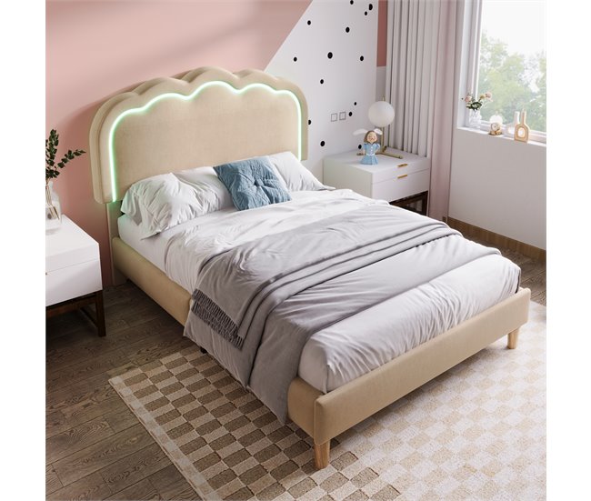Conforama Cama Juvenile Cama Individual De Lino 90x200cm Con Luz LED Y Cabecera De Altura Ajustable Beige