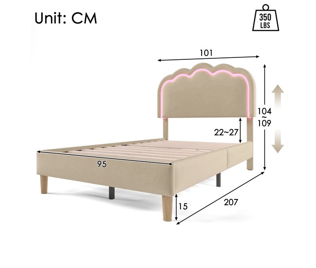 Conforama Cama Juvenile Cama Individual De Lino 90x200cm Con Luz LED Y Cabecera De Altura Ajustable Beige