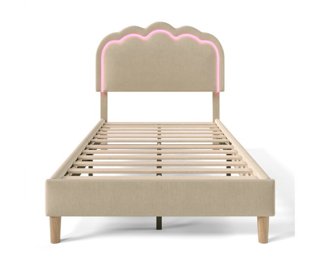 Conforama Cama Juvenile Cama Individual De Lino 90x200cm Con Luz LED Y Cabecera De Altura Ajustable Beige