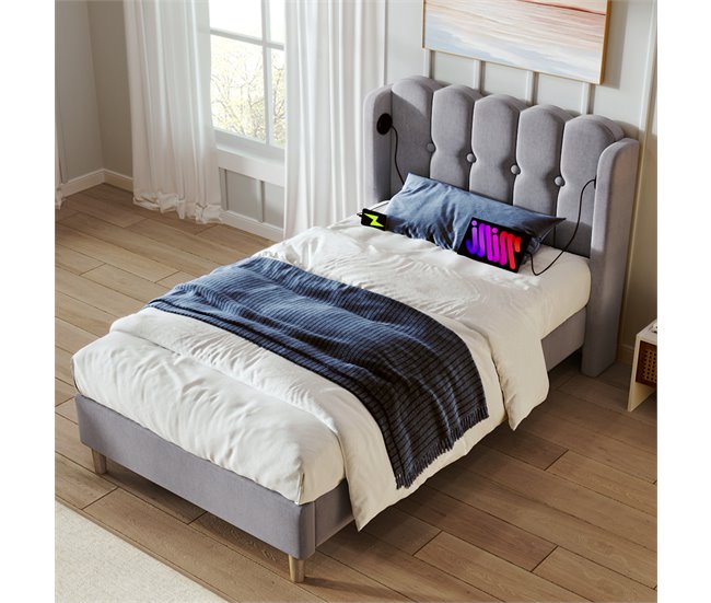 Conforama Cama Juvenile Cama Individual De Lino 90x200cm Con Puerto USB Y Tipo C Gris