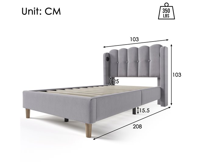 Conforama Cama Juvenile Cama Individual De Lino 90x200cm Con Puerto USB Y Tipo C Gris