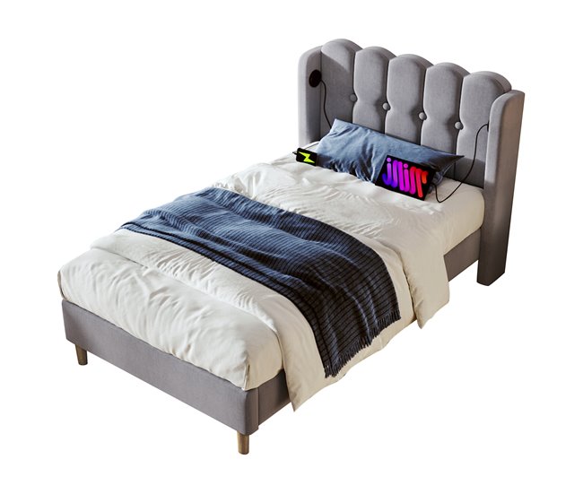 Conforama Cama juvenile cama individual de lino 90x200cm con puerto USB y tipo C gris