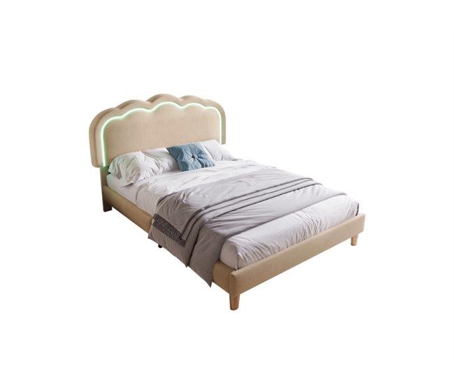 Conforama Cama juvenile cama individual de lino 90x200cm con luz LED y cabecera de altura ajustable beige
