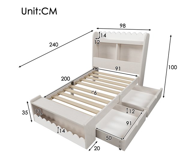 Conforama Cama Juvenile Cama Individual De Madera Maciza 90x200cm Con 2 Cajónes Estante Y Banco Con Almacenaje Blanco