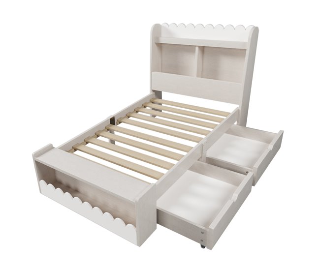 Conforama Cama Juvenile Cama Individual De Madera Maciza 90x200cm Con 2 Cajónes Estante Y Banco Con Almacenaje Blanco