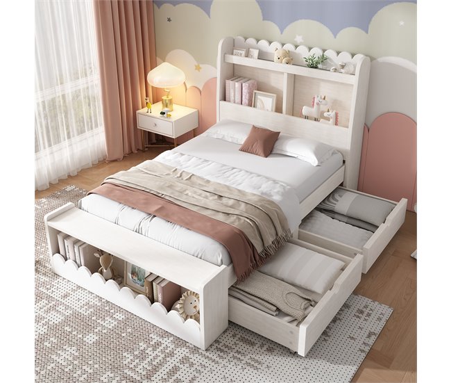 Conforama Cama Juvenile Cama Individual De Madera Maciza 90x190cm Con 2 Cajónes Estante Y Banco Con Almacenaje Blanco