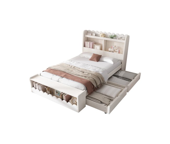 Conforama Cama juvenile cama individual de madera maciza 90x190cm con 2 cajónes estante y banco con almacenaje blanco