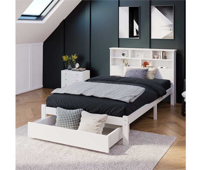Conforama Cama Juvenile Cama Individual De Madera Maciza 90x200cm Con 1 Cajón Y Estantería Blanco