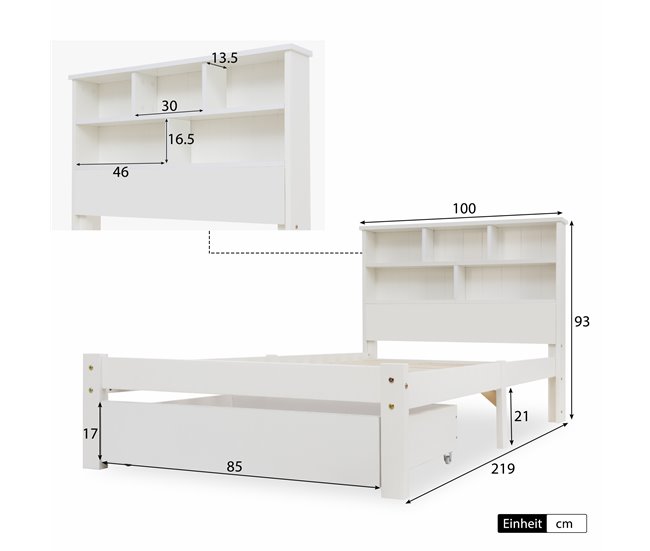 Conforama Cama Juvenile Cama Individual De Madera Maciza 90x200cm Con 1 Cajón Y Estantería Blanco