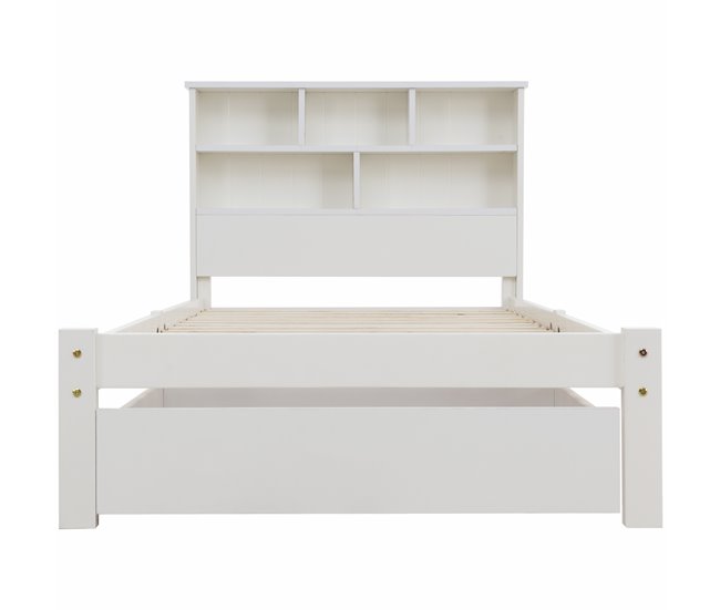Conforama Cama Juvenile Cama Individual De Madera Maciza 90x200cm Con 1 Cajón Y Estantería Blanco