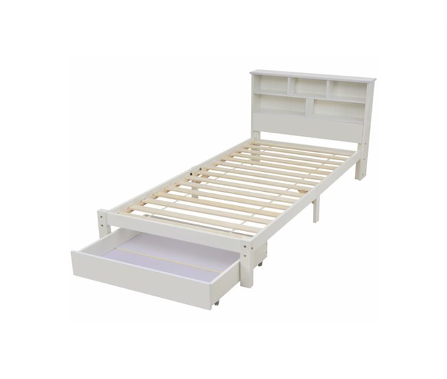 Conforama Cama juvenile cama individual de madera maciza 90x200cm con 1 cajón y estantería blanco