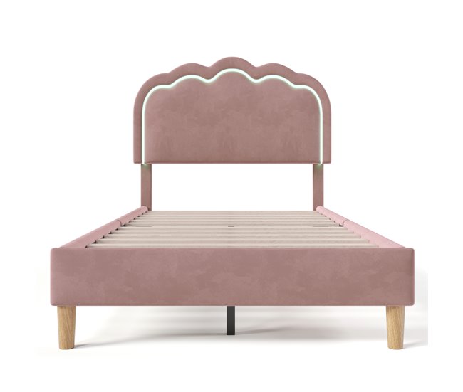 Conforama Cama Juvenile Cama Individual De Terciopelo 90x190cm Con Luz LED Y Cabecera De Altura Ajustable Rosa