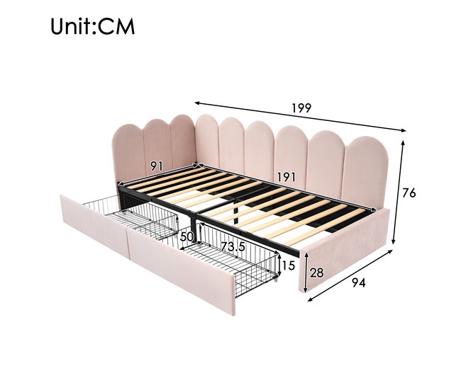 Conforama Cama Juvenile Cama Individual De Terciopelo 90x190cm Con 2 Cajónes En Forma De L Rosa