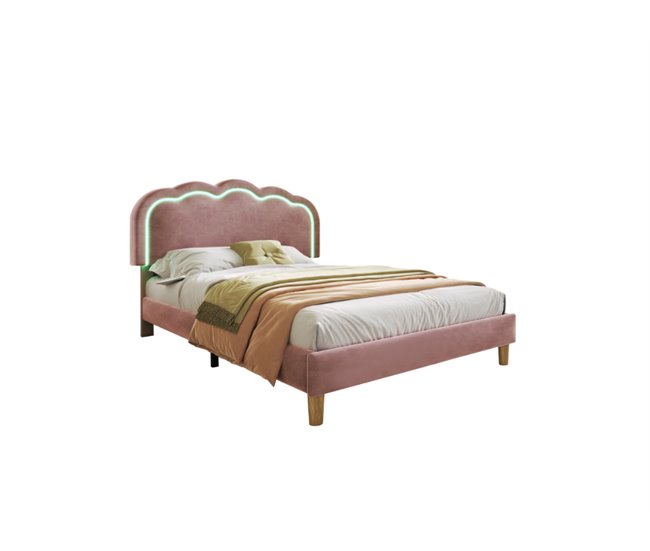 Conforama Cama juvenile cama individual de terciopelo 90x190cm con luz LED y cabecera de altura ajustable rosa