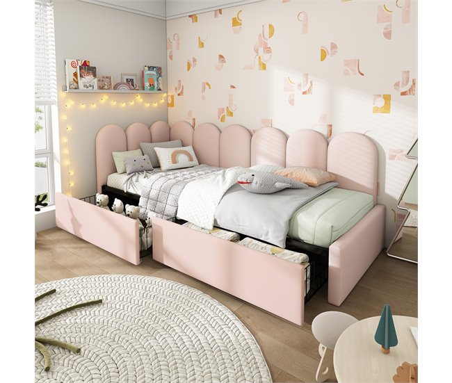 Conforama Cama Juvenile Cama Individual De Terciopelo 90x200cm Con 2 Cajónes En Forma De L Rosa