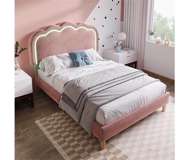 Conforama Cama Juvenile Cama Individual De Terciopelo 90x200cm Con Luz LED Y Cabecera De Altura Ajustable Rosa