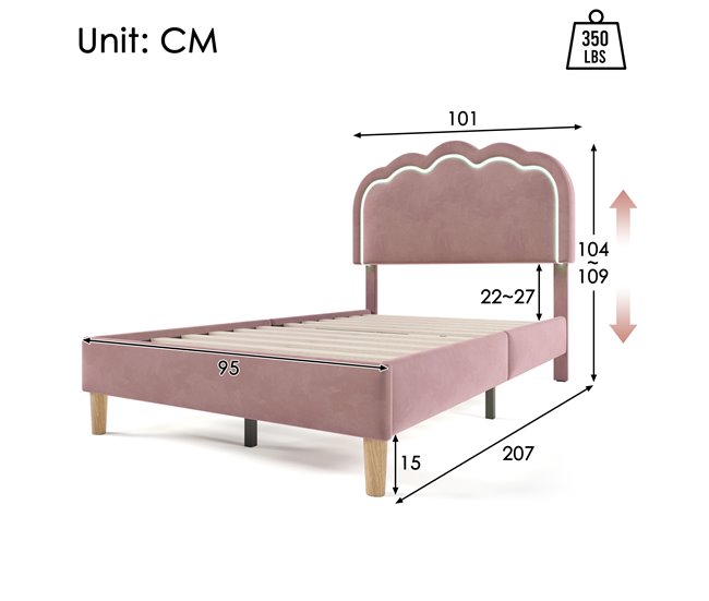 Conforama Cama Juvenile Cama Individual De Terciopelo 90x200cm Con Luz LED Y Cabecera De Altura Ajustable Rosa