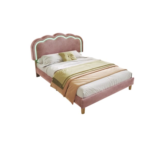 Conforama Cama juvenile cama individual de terciopelo 90x200cm con luz LED y cabecera de altura ajustable rosa