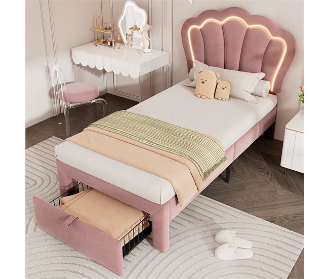 Conforama Cama Juvenile Cama Individual De Terciopelo 90x200cm Con Luz LED 1 Cajón Y Cabecera De Altura Ajustable En Forma De Flor Rosa