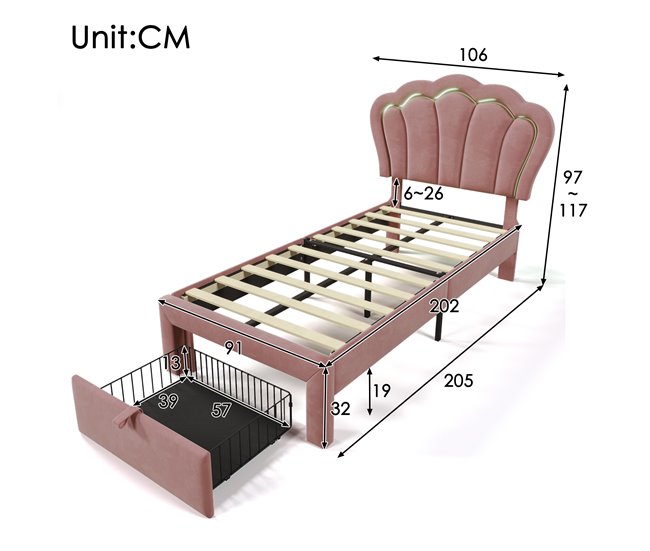 Conforama Cama Juvenile Cama Individual De Terciopelo 90x200cm Con Luz LED 1 Cajón Y Cabecera De Altura Ajustable En Forma De Flor Rosa