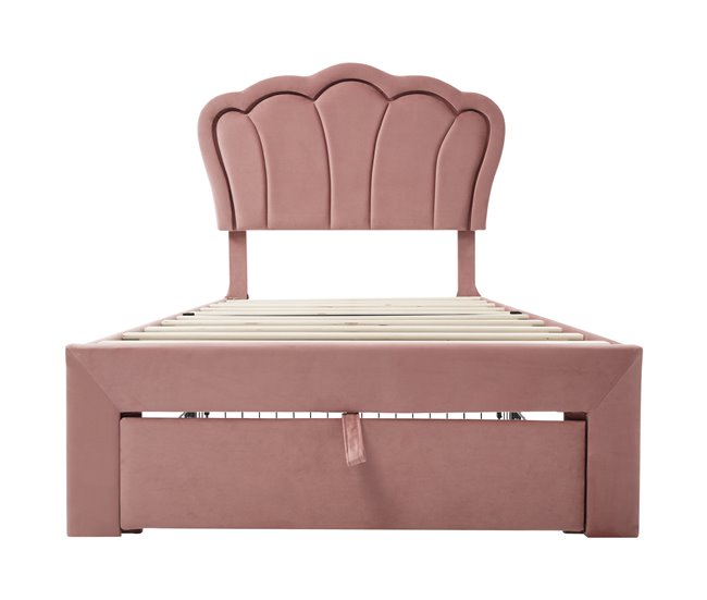 Conforama Cama Juvenile Cama Individual De Terciopelo 90x200cm Con Luz LED 1 Cajón Y Cabecera De Altura Ajustable En Forma De Flor Rosa