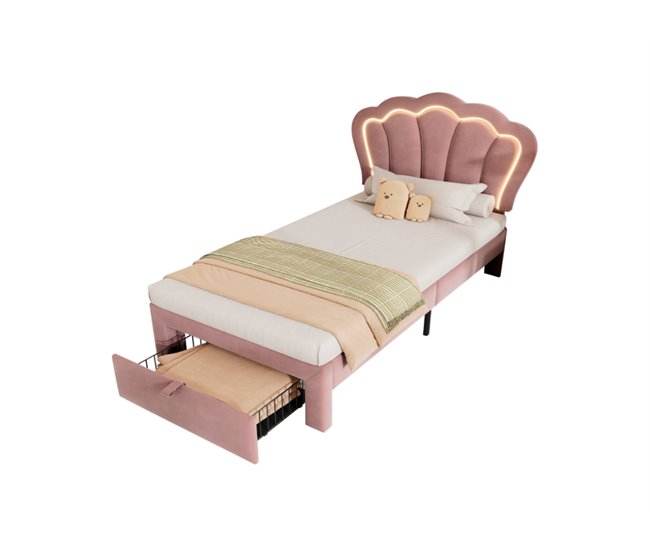 Conforama Cama juvenile cama individual de terciopelo 90x200cm con luz LED 1 cajón y cabecera de altura ajustable en forma de flor rosa