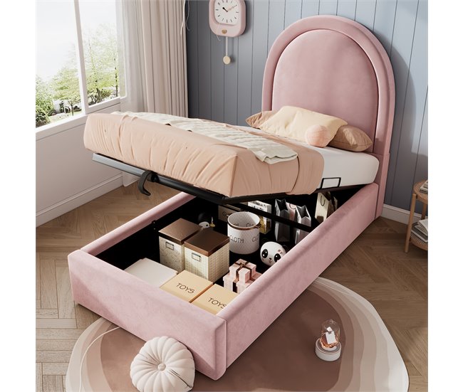 Conforama Cama Juvenile Cama Individual De Terciopelo 90x200cm Con Almacenaje En Forma De Arco De Medio Punto Rosa