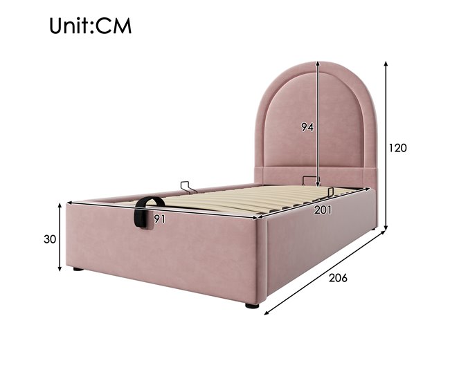 Conforama Cama Juvenile Cama Individual De Terciopelo 90x200cm Con Almacenaje En Forma De Arco De Medio Punto Rosa