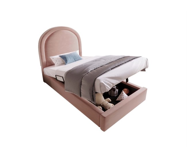 Conforama Cama juvenile cama individual de terciopelo 90x200cm con almacenaje en forma de arco de medio punto rosa