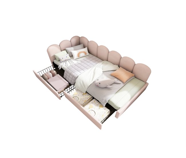 Conforama Cama juvenile cama individual de terciopelo 90x200cm con 2 cajónes en forma de L rosa