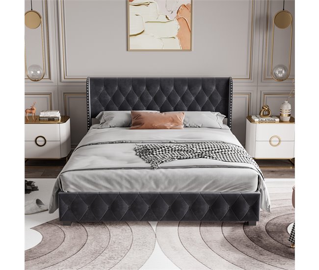 Conforama Cama Lit Coffre 160 X 200 Cm Con Cabecero De Botones Remachados Cama Doble Con Somier De Lamas Estructura De Metal Cama Capitonada Hidráulica Para Adultos Y Adolescentes Terciopelo Gris