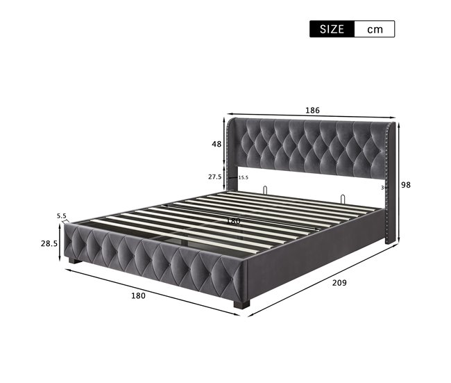 Conforama Cama Lit Coffre 180 X 200 Cm Con Cabecero De Botones Remachados Cama Doble Con Somier De Lamas Estructura De Metal Cama Capitonada Hidráulica Para Adultos Y Adolescentes Terciopelo Gris