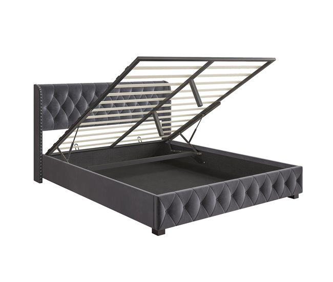 Conforama Cama Lit Coffre 180 x 200 cm con cabecero de botones remachados cama doble con somier de lamas estructura de metal cama capitonada hidráulica para adultos y adolescentes terciopelo gris