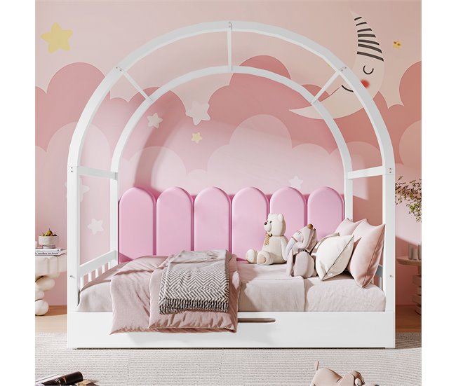 Conforama Cama Nido 140x100/200 Cm De Madera Maciza - Con Cabecero De Terciopelo Y Somier De Láminas - Rosa Y Blanco