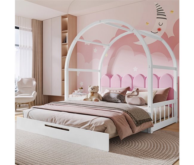 Conforama Cama Nido 140x100/200 Cm De Madera Maciza - Con Cabecero De Terciopelo Y Somier De Láminas - Rosa Y Blanco