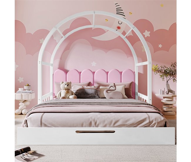 Conforama Cama Nido 140x100/200 Cm De Madera Maciza - Con Cabecero De Terciopelo Y Somier De Láminas - Rosa Y Blanco