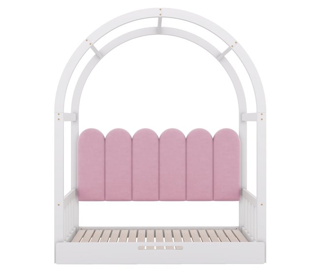 Conforama Cama nido 140x100/200 cm de madera maciza - con cabecero de terciopelo y somier de láminas - Rosa y Blanco