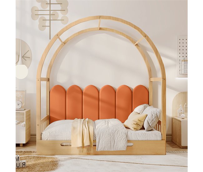Conforama Cama Nido 140x100/200cm De Madera Maciza - Con Cabecero De Terciopelo Y Somier De Láminas - Naranja
