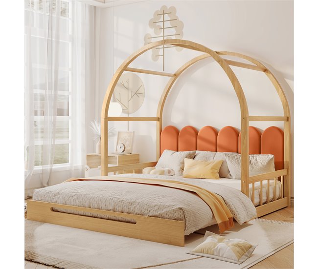 Conforama Cama Nido 140x100/200cm De Madera Maciza - Con Cabecero De Terciopelo Y Somier De Láminas - Naranja