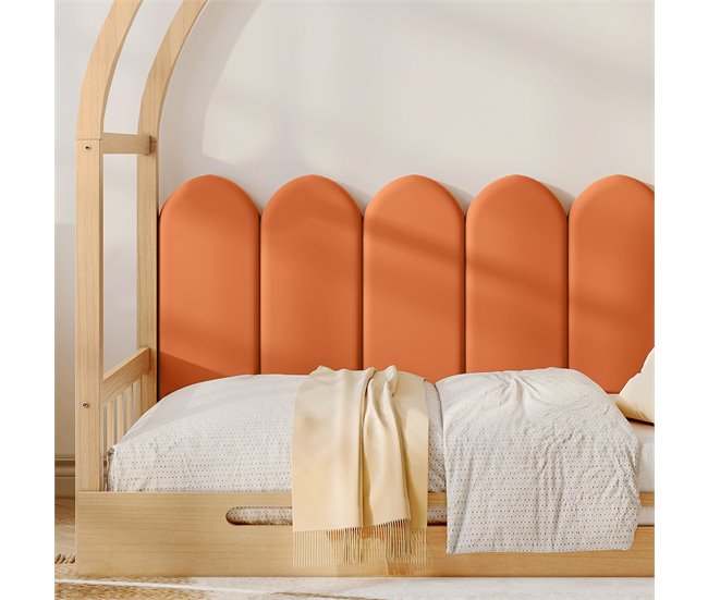 Conforama Cama Nido 140x100/200cm De Madera Maciza - Con Cabecero De Terciopelo Y Somier De Láminas - Naranja