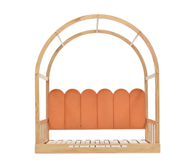 Conforama Cama nido 140x100/200cm de madera maciza - con cabecero de terciopelo y somier de láminas - Naranja