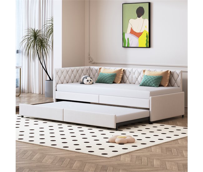 Conforama Cama Nido 90x200 Cm Sofá Cama Extensible Con Somier De Lamas Terciopelo Cama Infantil Y Cama Adicional - Beige